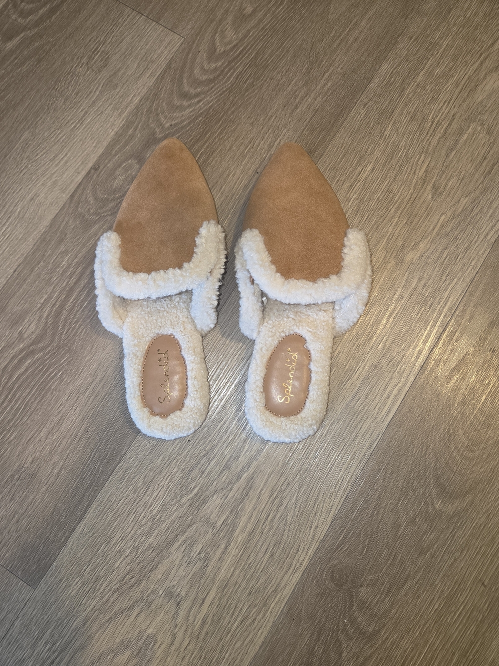 Splendid Liza Sherpa Suede Mules Caramel Tan